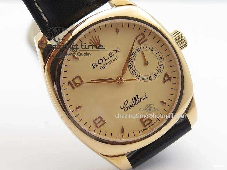 A2824 Cellini Markers Numeral Leather Date RG Rose Black Dial On Gold Strap 0721